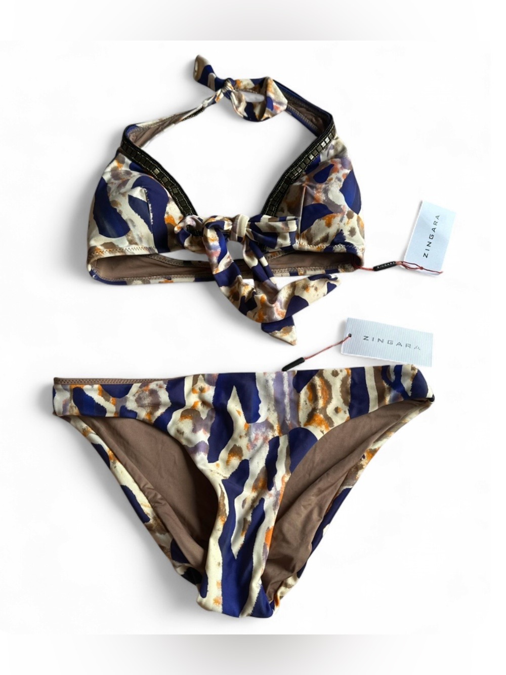 NWT Zingara bikini set abstract details beaded halter top size 4 and bottom sz 6